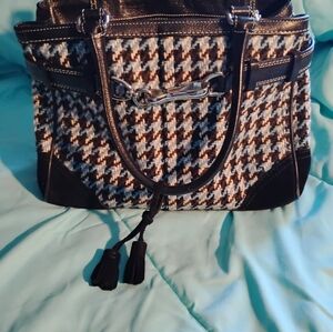 Stylish COACH  Black, Blue and White Houndstooth Women's Bag With A Blue Liner